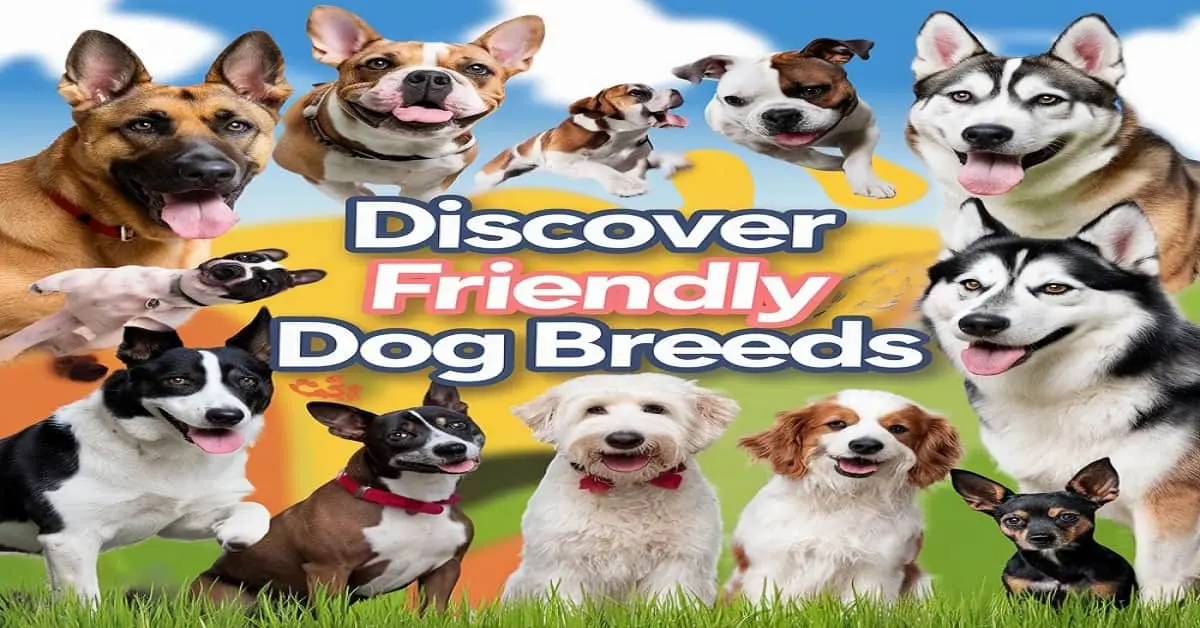 A friendly dog, featuring a super interesting variety of breeds: German Shepherd, Bulldog, French Bulldog, Siberian Husky, Beagle, Alaskan Malamute, Poodle, and Chihuahua, against a bright blue sky with lush green grass. In the background, it reads: 'Discover Friendly Dog Breeds".