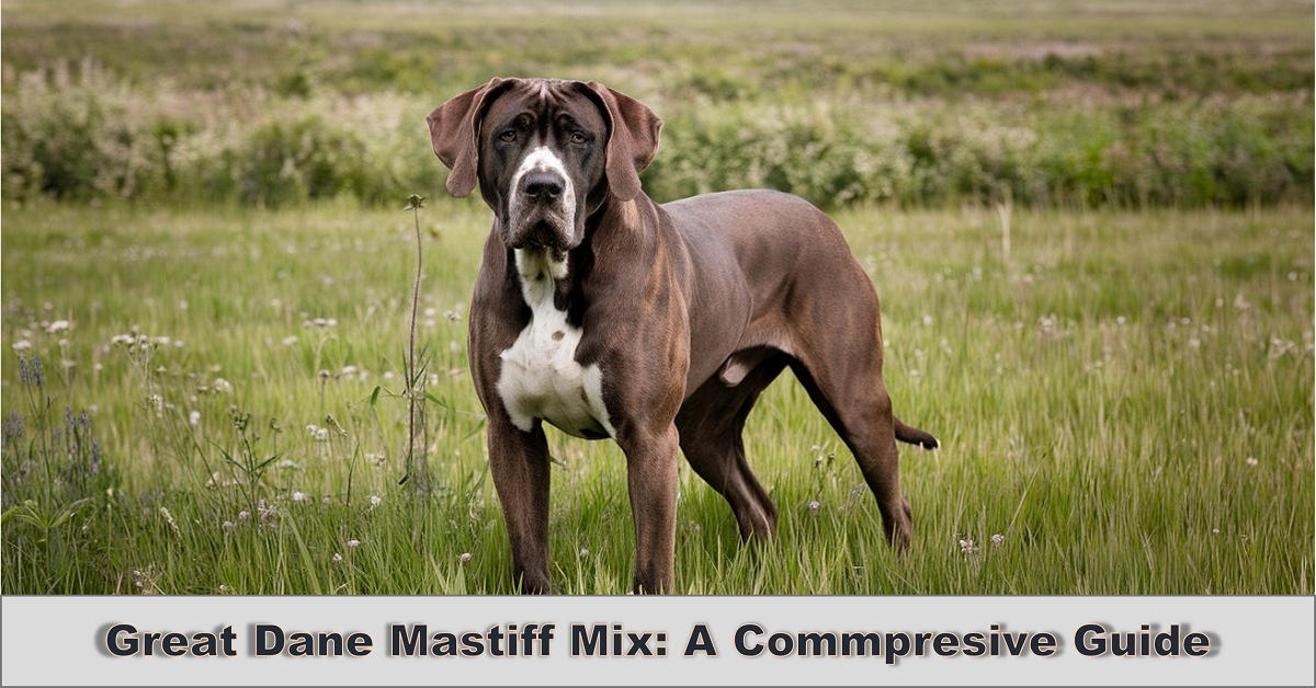 Great Dane Mastiff Mix puppy sitting in a green meadow, proudly displaying its enormous size and muscular body.