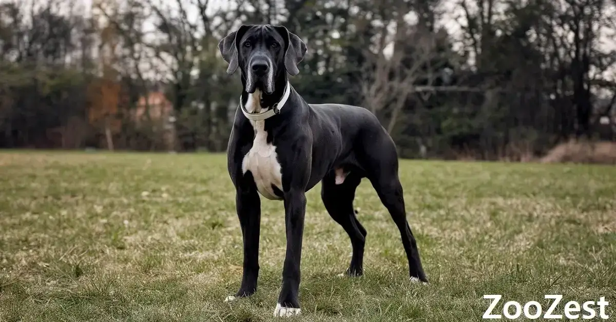 It is a magnificent Great Dane-a tall, muscular build, a short coat, and a gentle face. In this immense size and strong stature.