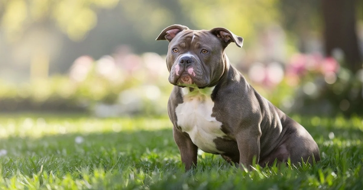 Micro Pocket American Bully sitting on green grass in a sunny park, displaying a muscular build and friendly expression.