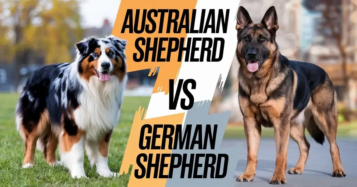 Australian shepherd vs German shepherd side-by-side comparison in a grassy park.