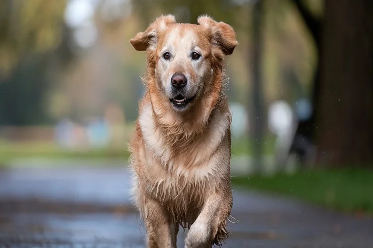 Close-up of a Short Hair Golden Retriever's face, highlighting coat texture and sleek fur.